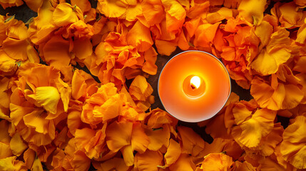 
Single candle surrounded by marigold petals, Day of the Dead, copy space.