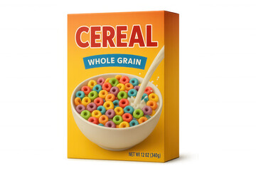 Cereal box with colorful whole grain loops and milk splashing into a bowl, healthy breakfast