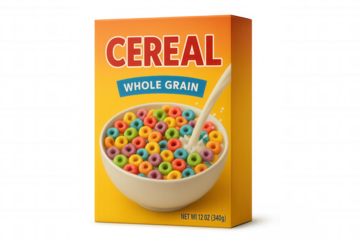 Cereal box with colorful whole grain loops and milk splashing into a bowl, healthy breakfast