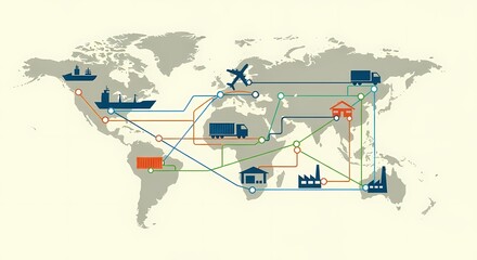 Global logistics network map illustrating interconnected supply chain routes and international transportation methods for freight distribution and cargo shipping