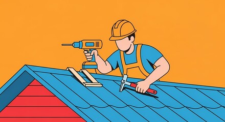 Professional roofer wears a hard hat, meticulously installing blue roofing shingles with an electric drill and hammer on a home's red-sided roof.