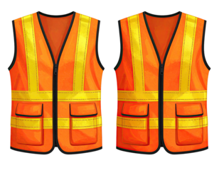 Two front views of an orange safety vest with yellow reflective stripes and pockets