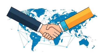 Professional animated handshake symbolizing a global business partnership or international agreement against a blue world map background.