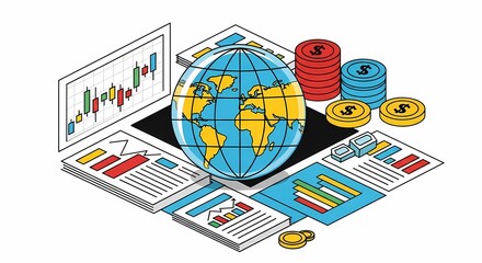 Global finance and economic analytics illustrated with a central Earth globe surrounded by financial charts, data reports, and stacked coin currency