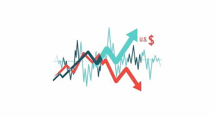 Dynamic illustrative chart featuring US dollar currency arrow showing positive growth and downward trend for business stock market analysis data visualization.