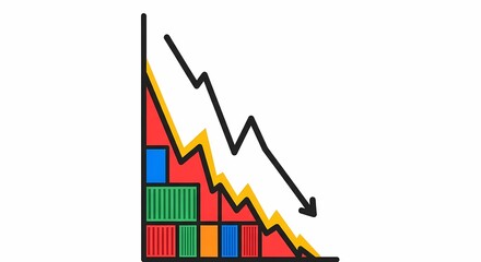 Vibrant bar graph with stacked rectangular segments illustrating a significant financial decline or market loss, depicted by a black line falling sharply downwards on a white background.