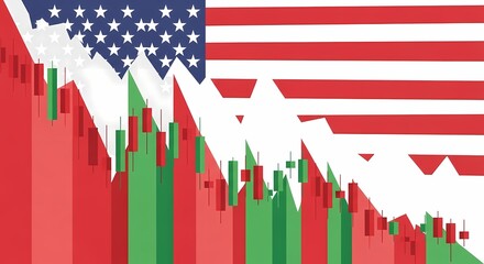 American dollar financial crisis and economic recession conceptual image, depicting US stock market chart decline with red and green bars against a flag background.