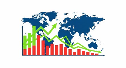 Global financial market trends, showing economic growth and decline illustrated by green ascending and red descending bars on a world map background.