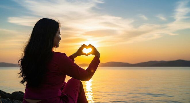Woman forms heart hands silhouette against beautiful sunset over water