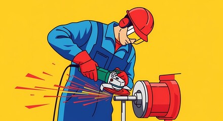 Skilled Craftsman Grinding Metal with Angle Grinder Sparks Flying Industrial Illustration