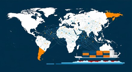 Global shipping illustration with world map and cargo container ship representing interconnected economic logistics and international trade.