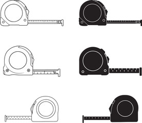 Set of measuring tape icons in outline and solid black styles for design and construction