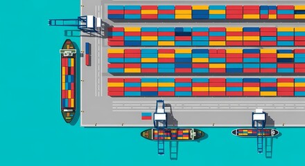 Top-down aerial view of a busy cargo port with container ships, cranes, and colorful stacks of shipping containers illustrating global logistics