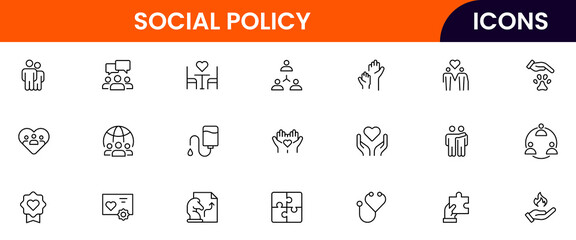 Social Policy vector web line icon collection, sleek illustrations of equality, justice, community, and awareness symbols for impactful designs.