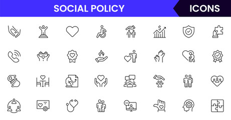 Social Policy vector web line icon collection, sleek illustrations of equality, justice, community, and awareness symbols for impactful designs.
