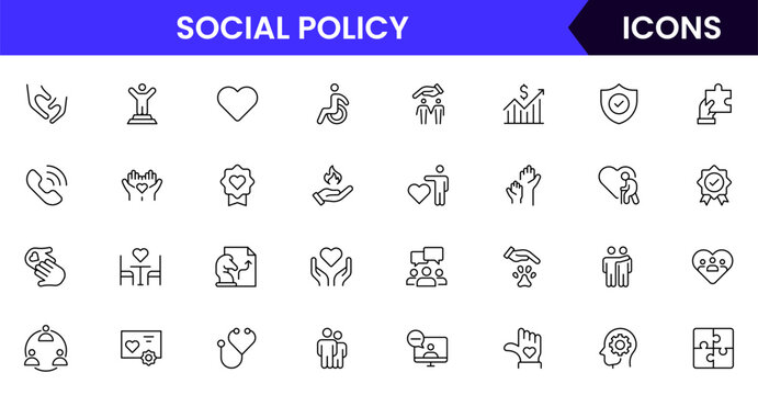 Social Policy vector web line icon collection, sleek illustrations of equality, justice, community, and awareness symbols for impactful designs. - Powered by Adobe