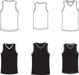 Collection of six basketball jerseys in black silhouette and outline style