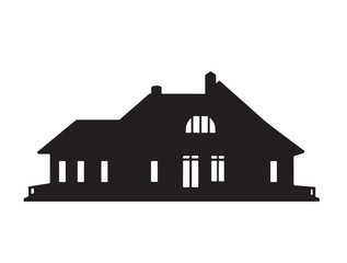Hip-roof house in silhouette full white background.
