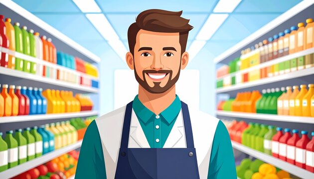 Friendly male supermarket employee cartoon character smiles confidently for a positive customer service experience amidst brightly lit grocery store aisles.