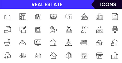 Real Estate vector web line icon collection, sleek illustrations of houses, apartments, keys, and property symbols for professional designs.