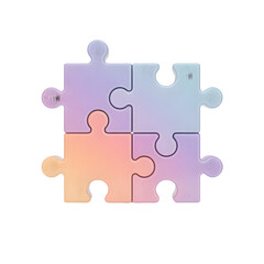 Obraz premium Four connected 3D puzzle pieces with a smooth pastel gradient texture, representing concept, strategy, and solution, isolated on transparent background.