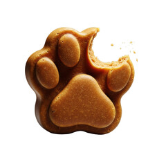 Photorealistic, extreme macro of a gourmet golden-brown paw print treat, torn, revealing moist interior and crumbs on a transparent background, luxury pet product advertisement concept