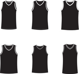 Six black basketball jerseys displayed in a grid pattern on a white background