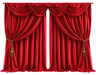 Deep red velvet theater curtains, elegantly draped and tied back with tassels, a classic look