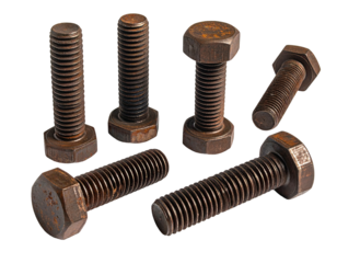 Close-up of six rusty, hexagonal-headed bolts scattered on a dark background