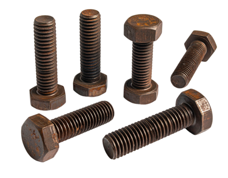 Close-up of six rusty, hexagonal-headed bolts scattered on a dark background