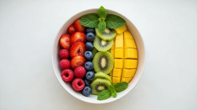Fruit bowl with colorful fruits isolated on white background