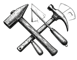 Cross-shaped arrangement of tools, featuring hammers, a chisel, and an axe, depicted in detail