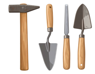 Four garden tools, featuring a hammer, trowel, chisel, and hand trowel, set against black