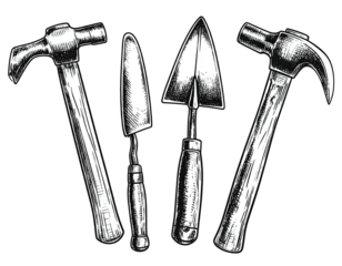 Vector illustration of gardening tools in black and white, arranged in a row