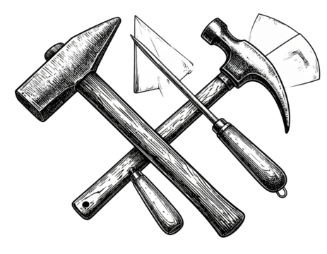 Cross-shaped arrangement of tools, featuring hammers, a chisel, and an axe, depicted in detail