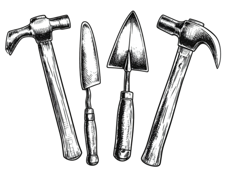 Vector illustration of gardening tools in black and white, arranged in a row