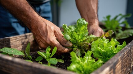Gardener's Hands Nurturing Fresh Lettuce in Wooden Planter, Close-Up, Natural Light.