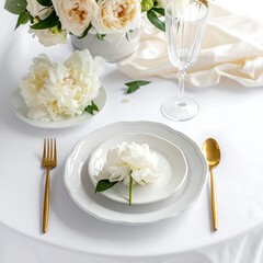 Elegant table setting with white flowers and gold cutlery