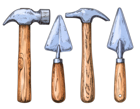 Illustration of four hand tools hammer, trowel, and another hammer and trowel, each with wood handles