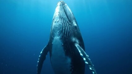 A sleeping sperm whale floating vertically head-up in deep blue water, symbolizing calmness, patience, and the cautious strategy of major investors, serene 4K ocean scene.