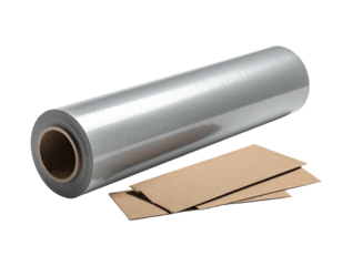 A roll of clear plastic wrap with cardboard pieces, isolated on a black background