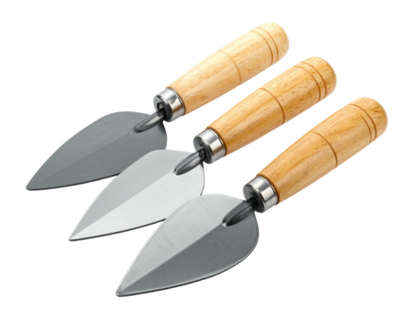 Three new steel trowels with wooden handles, arranged diagonally