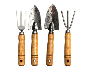 Close-up of four gardening tools a fork, two trowels, and a hand rake