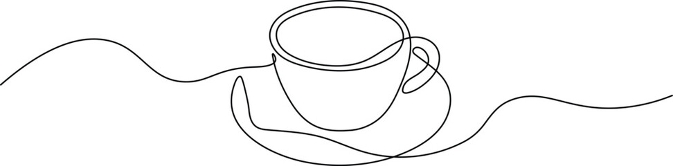 Cup on a Saucer in Continuous Line Art. Minimalist Tea and Coffee Illustration Vector