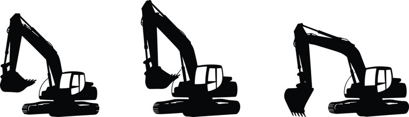 Excavator silhouettes construction vehicles illustration, heavy machinery graphic, industrial equipment drawing, earthmoving machines design, building site transport