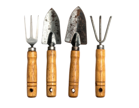 Close-up of four gardening tools a fork, two trowels, and a hand rake