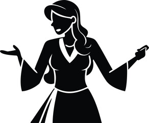 Black silhouette of a woman in a flowing dress gesturing