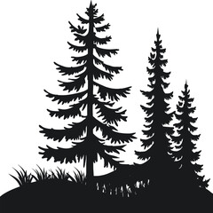 Black silhouette of pine trees and grass on white background