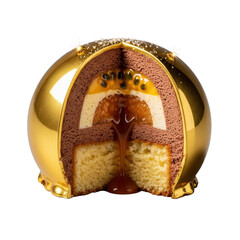 Sliced golden dessert sphere, glossy glaze, vanilla sponge, chocolate mousse, passionfruit curd, oozing salted caramel on transparent background, luxury food concept