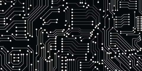 White circuit connection on black background. High-tech circuit board connection system. futuristic digital innovation background.